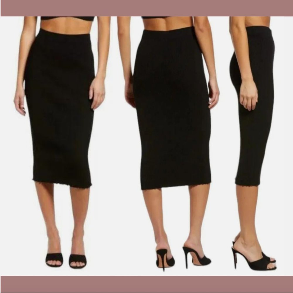 NEW‎ Good American Ribbed Midi Fitted Skirt in Black [ SZ 00 / 0 ] #6157